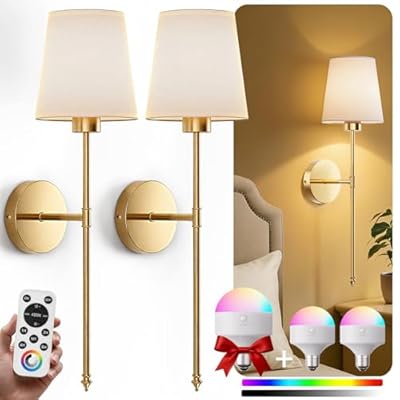 Battery Operated Wall Sconce Set of 2, Wireless Wall Sconces Set of Two, 10 Colors Wall Sconces Battery Operated, 5200mAh Dimmable Bulbs and Remote, for Bedroom, with Bonus Bulb (24 inch - Gold)