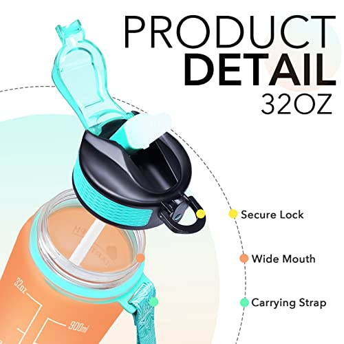 Image of HYETA 32 OZ Water Bottle with Times to Drink and Straw, Motivational Timed Marker Water Bottles with Strap, Leakproof & BPA Free, 1 Liter Reusable Sports Water Bottle for Fitness, Gym & Outdoors, Orange-Green