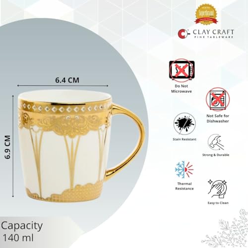 Image of Clay Craft Fine Ceramic Tea Cups Set of 6| 140 Ml Gold Print Cups with Handle | Elegant Design for Tea| Coffee| Home| Office & Gifting