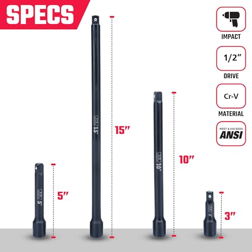 Image of NEIKO 00248A 1 /2-Inch-Drive Impact Extension-Bar Set, Impact Socket Extension Made with CrV Steel, 1 /2 Impact Extension Set Includes 3-Inch, 5-Inch, 10-inch, 15-inch