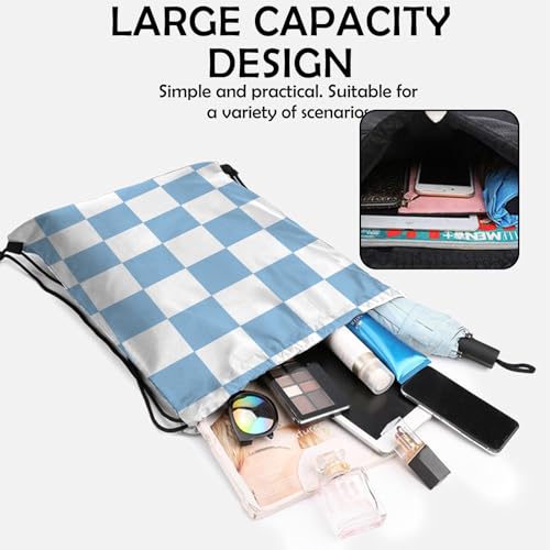 Drawstring Backpack String Sports Bags for Swimming Waterproof Aesthetic Sackpack for Unisex Women Beach (13"×17"-Blue Checkered4