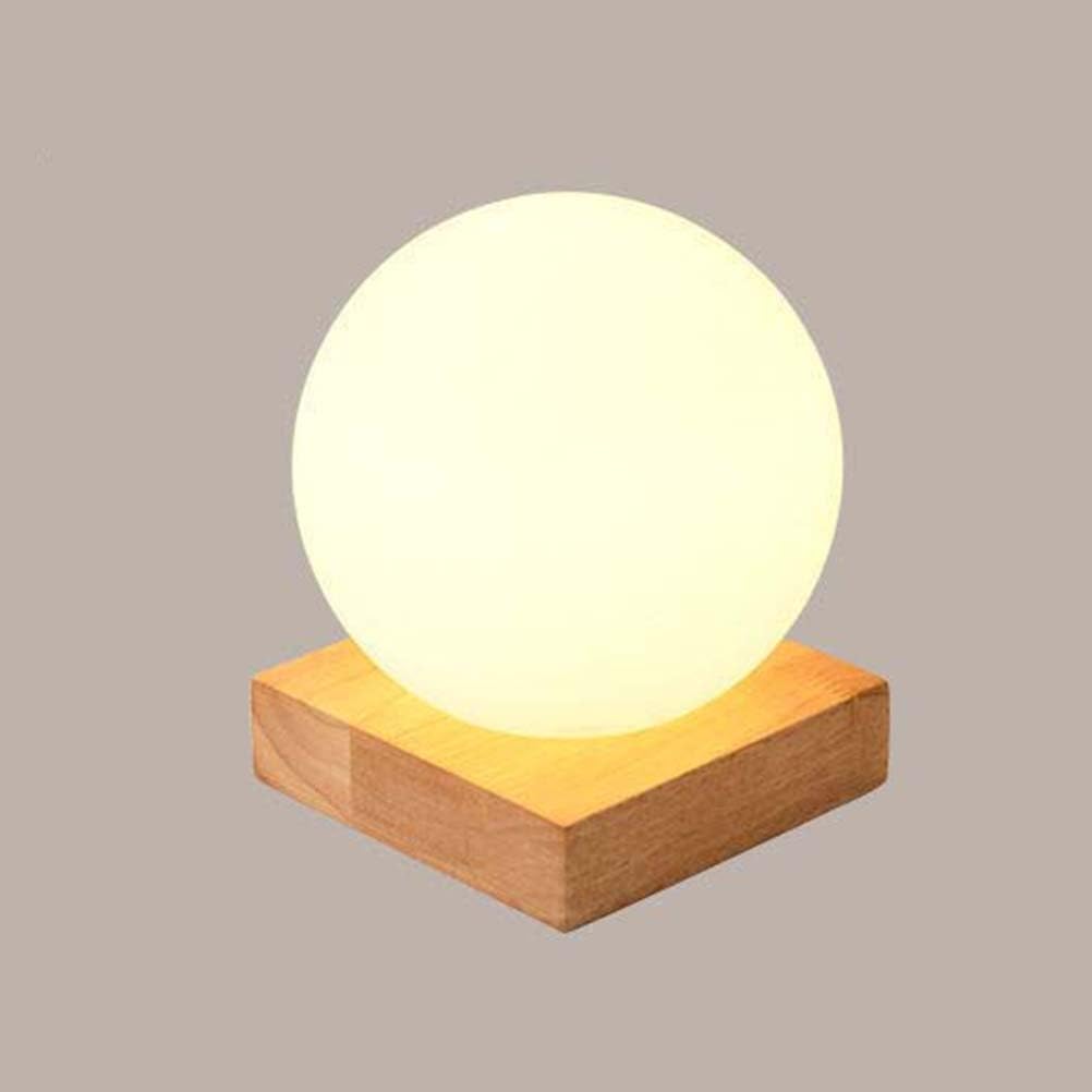 Vintage Holz Tischlampe mit Kabel E27 Retro Tischleuchte Glas Lampenschirm Landhausstil Nachttischlampe Minimalistische Kleine Lampe für Wohnzimmer Schlafzimmer（mit Leuchtmittel） (Kugel)