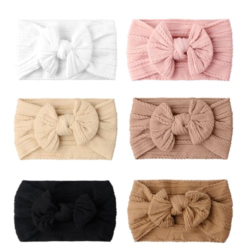 Image of Fecawd Baby Headbands, Girls Headbands with Bows with Bows, Soft Stretchy Nylon Hair Bands Hair Accessories for Newborn Infant Toddler (6 Pack,Bow,Pink)