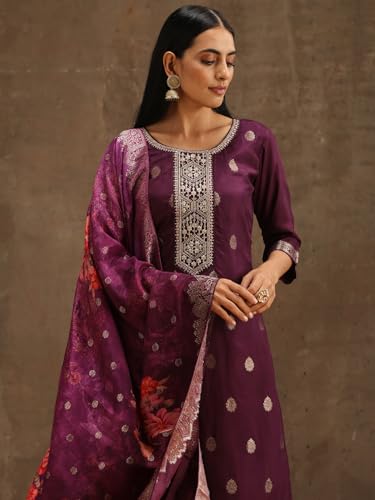 Image of Libas Womens Self Design Silk Straight Kurta With Trousers and Dupatta | daily wear suit