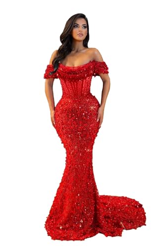 Off Shoulder Mermaid Prom Dresses 2026 Long Sequin Sparkly Sexy Sheer High Waist Tight Formal Dresses Evening Party Gowns with Train Red 2 MX573