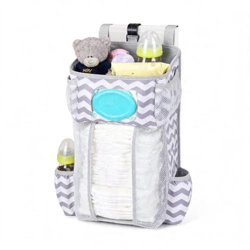 Image of TOFOAN Hanging Diaper Caddy Organizer for Crib, Baby Diaper Holder with 3 Compartments, Water-Resistant Nursery Storage Bag for Changing Table, Playard, Wall, Ripple Grey