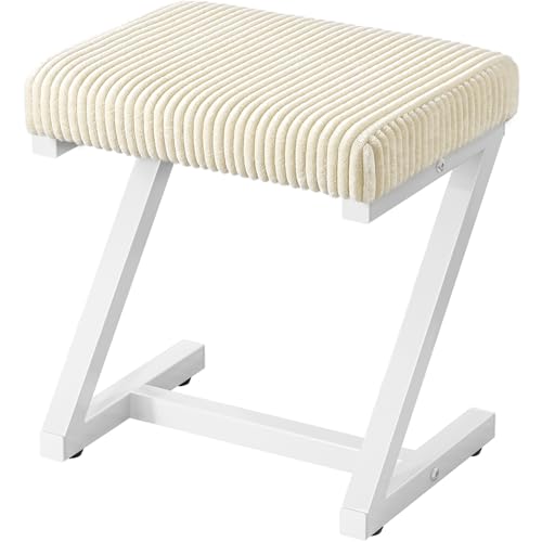 Snughome Square Corduroy Vanity Stool Chair, Makeup Stool with Metal Z Legs, Small Ottoman Stool Chair for Vanity, Small Ottoman Foot Rest for Bedroom, Living Room, White