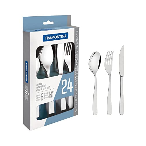 Faqueiro Tramontina Cosmos em Aço Inox com Facas para Churrasco Acabamento em Brilho 24 Peças
