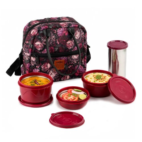 Image of CELLO Bella Lunch Box with Bag for Office Use, Maroon | 225ml, 375ml, 550ml Microwave & Oven Safe Containers with 500ml Tumbler, Airtight Snap Lock Leak Proof Insulated Tiffin Box for College & Travel