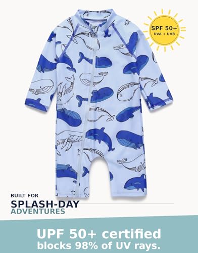 Image of VAENAIT BABY Zip & Snap Rash Guard Swimsuit, UPF 50+ One-Piece Long Sleeve Swimwear, Quick Dry Infant Beach Suit for 0~2T