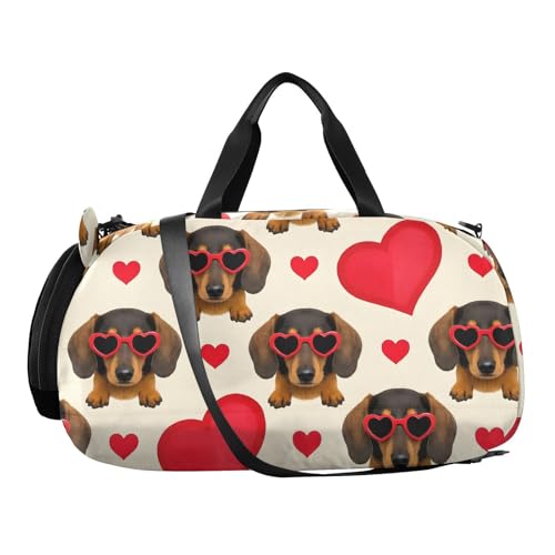Duffle Bag for Boys or Girls with Shoes Compartment, Dachshund Dog Love Hearts Sports Travel Bag Overnight2