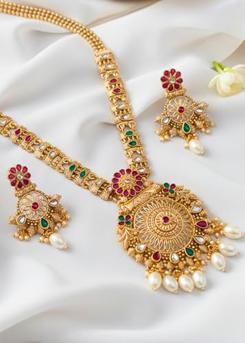Image of Mansiyaorange South Indian Temple Style Long Pearl Rani Haar with Floral Necklace & Earrings | Traditional Gold Plated Kempu Kundan Stone Jewelry Set for Women
