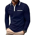 Askdeer Men's Polo Shirts Long Sleeve Zipper Classic Casual Golf Shirt Stylish Cotton T-Shirts Navy Blue