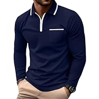 Askdeer Men's Polo Shirts Long Sleeve Zipper Classic Casual Golf Shirt Stylish Cotton T-Shirts Navy Blue
