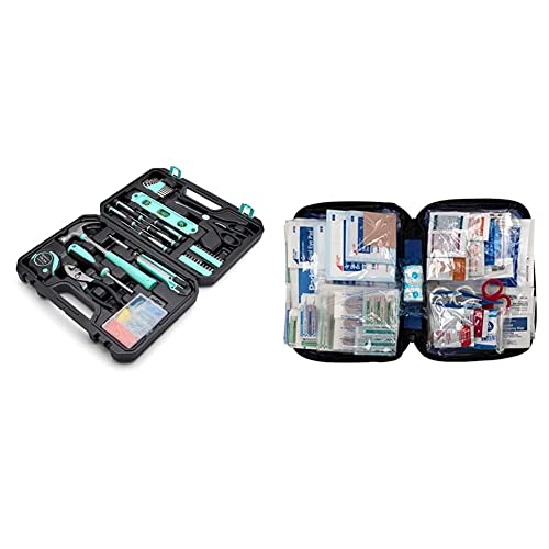 Amazon Basics Household Tool Kit with Tool Storage Case - 142-Piece, Turquoise & First Aid Only 298 Piece All-Purpose First Aid Emergency Kit