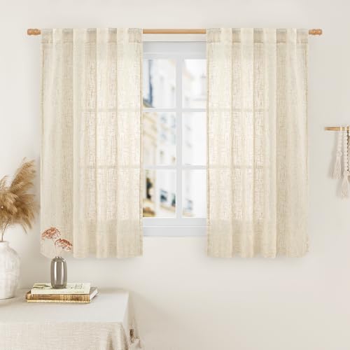 LAMIT 54 Inch Semi Sheer Window Linen Curtains, Light Filtering Panels Back Tab and Rod Pocket Neutral Drapes for Bedroom/Small Window, Beige, 2 Panels, 34 x 54 Inch