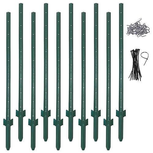 (4 Sizes: 4-5-6-7 Feet) LADECH 6 Feet Sturdy Duty Metal Fence Post with 40 Zip Ties & 25 Post Clips– Garden U Posts for Fencing (6 Feet - Light - Set 10)