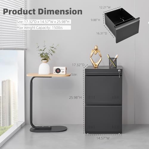 Image of Guizeeopo 2 Drawer File Cabinet with Lock, Vertical File Cabinets for Home Office, Printer Stand, Heavy Duty Steel Office Storage Cabinet for Letter /Legal /A4, Assembly Required(Black)