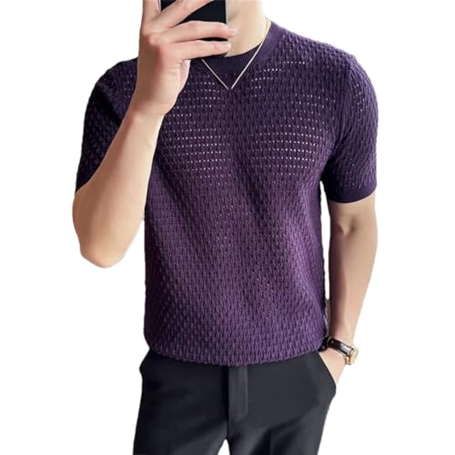 Men Summer Thin Knitted Hollow Out Round Neck Short Sleeve Elastic Slim Pullover