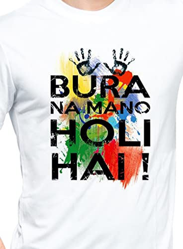 Image of Knitted Polycotton Fabric Regular Fit Men Boys Half Sleeve T-Shirt for Festival of Holi Style 21 White Size : Free