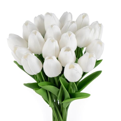 20 fiori artificiali, bouquet di tulipani finti, tulipani finti realistici al tatto, bouquet di fiori per feste, matrimoni, giardino, casa, ufficio, decorazione bianca