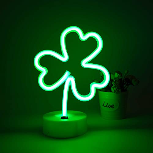 Image of Neon Sign Shamrock Shaped St. Patric's Day Night Light, LoveNite USB & Battery Operated Green Clover Glowing Neon Decorative Irish Shamrock Light Table Decor for Room Party Decorations (3-Clover)