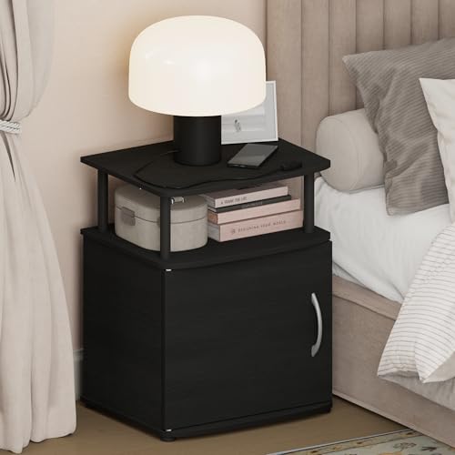 Image of Furinno Jaya Night Stand with Door, Nightstand, Blackwood | Open Shelf and Door Cabinet, Round Corner Bedside Table, Modern Side Table, End Table, for Bedroom, Closet, Dorm