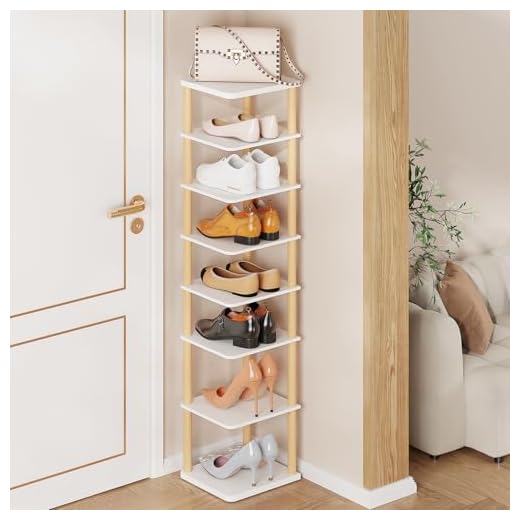 LUCKNOCK 8 Tiers Vertical Shoe Rack, Narrow Shoe Organizer, Stylish Wooden Shoe Storage Stand, Space Saving Shoe Shelf, Shoe Tower, Free Standing Shoe Racks for Entryway, No-Tool Assembly, White.