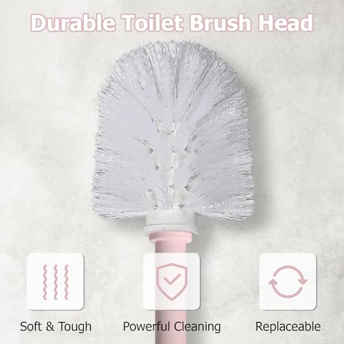 Image of Topsky 2 Pack Compact Toilet Brush & Holder Set, Plastic Round Barrel Loo Brush with 2 Replacement Toilet Brush Head, Durable for Bathroom Toilet, Pink