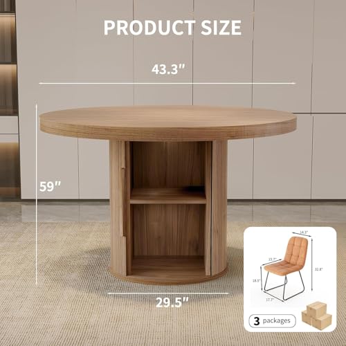 Image of 5-Piece Dining Set for Small Spaces 43.3 inch Round Table & 4 PU Leather Chairs, Modern Farmhouse with Storage Shelf, Apartment Kitchen Easy Assembly (Walnut Color Round Table + 4 Modern Brown Chairs)