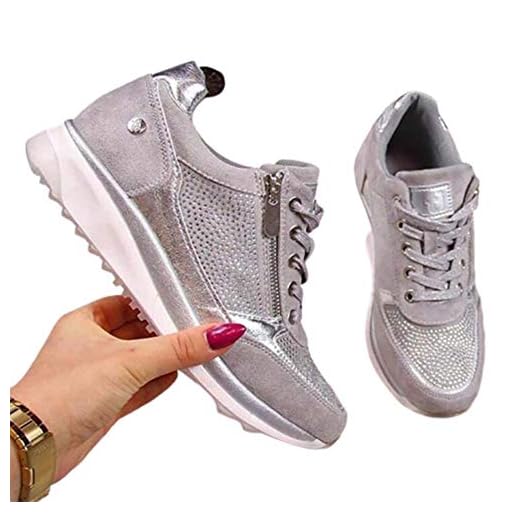 WODETIAN Sandalias de Vestir Zapatillas Deportivas de Mujer Moda Cremallera Cordones Zapatillas de Running Fitness Sneakers Casual Zapatos para Caminar,Plata,41