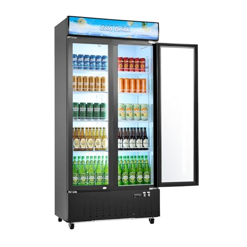 Image of VEVOR Commercial Merchandiser Refrigerator, 20.8 Cu.Ft / 590L Upright Beverage Cooler, 2 Glass Door Display Refrigerator with Customizable Lightbox, 8 Adjustable Shelves, Soft LED Lighting & Casters