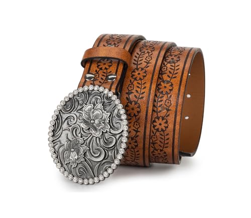 Image of Mealah Womens-Western-Belt Rhinestone-Cowboy-Cowgirl Belt - Embossed PU-Leather Belt with Diamond Flower-Buckle(for 31-38'')