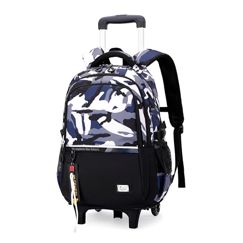 MITOWERMI Mochila infantil com rodinhas para meninos e adolescentes, mochila escolar com rodinhas, Camuflagem azul de 2 rodas, 2-Wheel, Mochilas Daypack