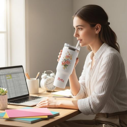 Image of IGP Custom Name Floral Travel Tumbler | Same Day Delivery | 1200 Stainless Steel Insulated Mug with Reusable Straw & Easy-Grip Handle | Perfect Birthday & Mother‚ Day Gift for Her