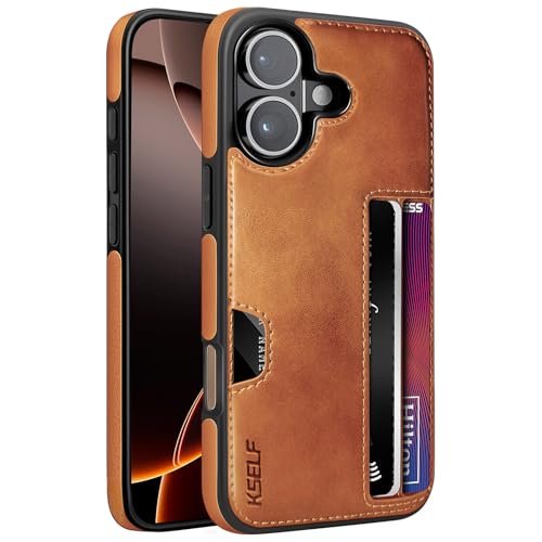 KSELF Leather Case for iPhone 16 with Card Holder Soft Leather Wallet Case, Protective Slim Shockproof Phone Cover for Man Women (Brown)