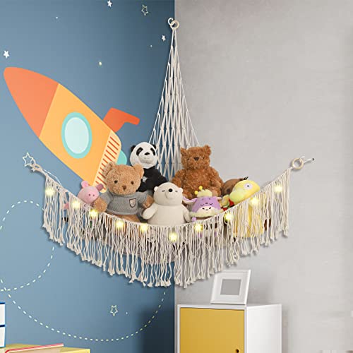 63" X 63" X 51.2" Boho Stuffed Animal Toy Hammock Macrame Large Corner Mesh Toy Storage Hanging Wall Toys Organizer With Light For Bedroom Decor #TOP6