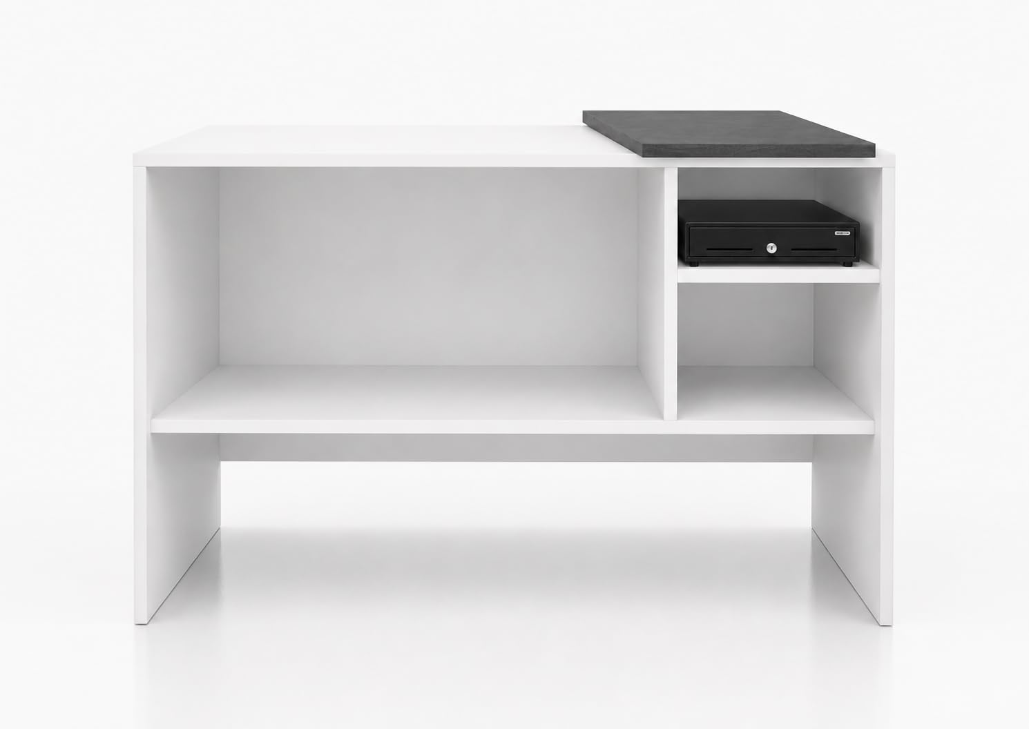 Mostrador de Recepción Atenea. Mostrador para Oficina, Tienda y Clínica, con Almacenamiento Interior, 140cm Ancho, Gris Grafito