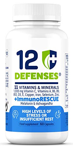 Melatonina Y Ashwagandha - Ayuda A Dormir Bien - Mutivitaminas - Vitamina C 1000 Mg, Vitamina D, Vitamina B12, B6, B9, Vitamina E - Vitaminas Para El Cansancio - 60 Cápsulas Veganas - 12 Defenses