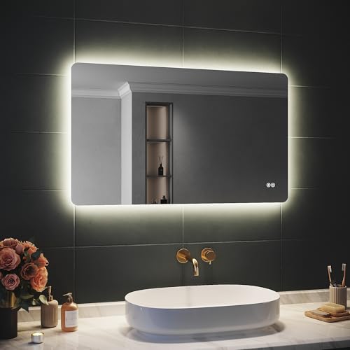 SIRHONA Miroir Salle de Bain avec Éclairage 100x60cm, Miroir Lumineux Salle de Bain avec Dimmable, 3 Températures de Couleur, Anti-buée, Fonction Mémoire,...