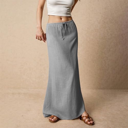 Womens Linen Maxi Skirt Drawstring Low Rise Long Skirts, 2025 Summer Casual Comfortable Bohemian Beach A-Line Skirt2