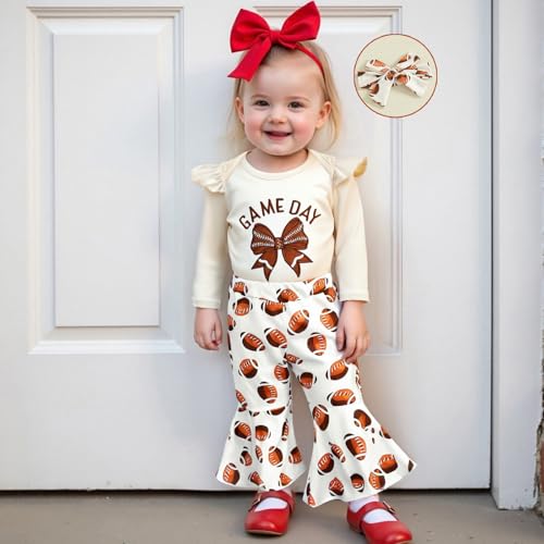 My First Football Season Baby Girl Football Outfit Game Day Romper Rugby Flared Pants Set Headband 3Pcs Fall Clothes2