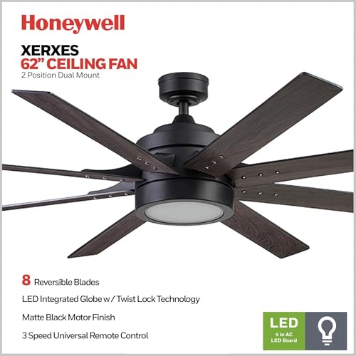 Image of Honeywell Ceiling Fans Xerxes Modern 62 Inch Ceiling Fan with Light, Remote Control Fan, LED Indoor Fan with 8 Blades, Matte Black and Ash Blade Finish Options, Matte Black (51473-01)