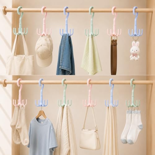Image of Heda Multi-Function 360 Rotatable 4-Claw Hook Hangers | Space Saving Closet Organizer for Clothes, Bags & Accessories | Multicolor (12)