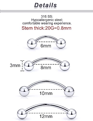 Ocptiy 20G 16G 14G 12G Eyebrow Rook Daith Piercing Jewelry 316L Surgical Steel Vertical Lip Labret Belly Button Ring Snake Eyes Tongue Ring Curved Barbell 6mm(1/4") 8mm(5/16") 10mm (3/8") 12mm(1/2")4