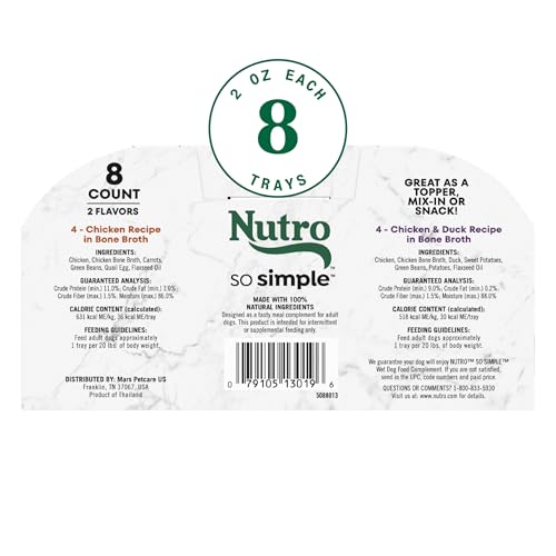 Image of Nutro So Simple Wet Dog Food Meal Complement, Dog Food Toppers Chicken and Chicken & Duck Recipes in Bone Broth, Variety Pack, 2 oz. Trays (8 Count, Pack of 2)