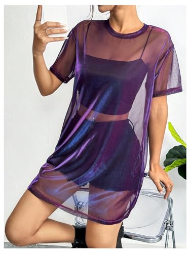 Image of Verdusa Women's See Through Mesh Short Sleeve Round Neck Mini Dress Purple Small