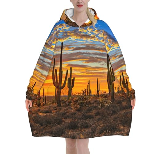 Couverture à capuche en flanelle épaisse avec manches sweat plaid motif cactus