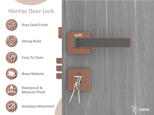 Image of GLOXY Premium Zinc Mortise Lock for Door - Rose Gold & Black Finish Door Handle Lock with 3 Brass Keys - Main Door Lock Set for Home, Office & Bedroom Doors - Heavy Duty Lock Body with 2 Year Warranty