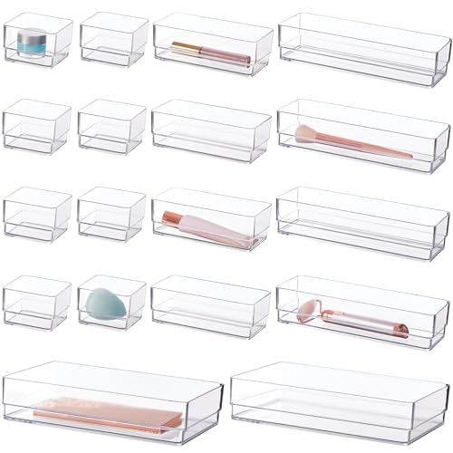 Image of STORi SimpleSort 18-Piece Stackable Clear Drawer Organizer Set | Multi-size Trays | Makeup Vanity Storage Bins and Office Desk Drawer Dividers | Made in USA